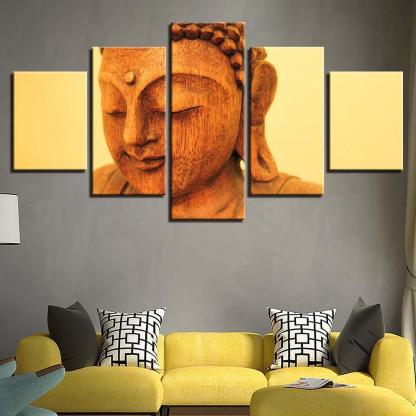 Wooden Buddha Statue 5 Piece HD Multi Panel Canvas Wall Art Frame-Original Frame