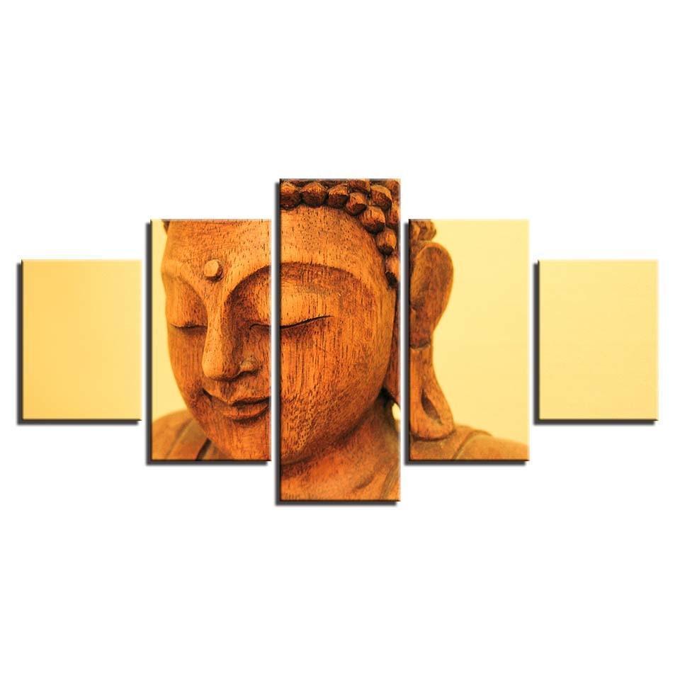 Wooden Buddha Statue 5 Piece HD Multi Panel Canvas Wall Art Frame-Original Frame