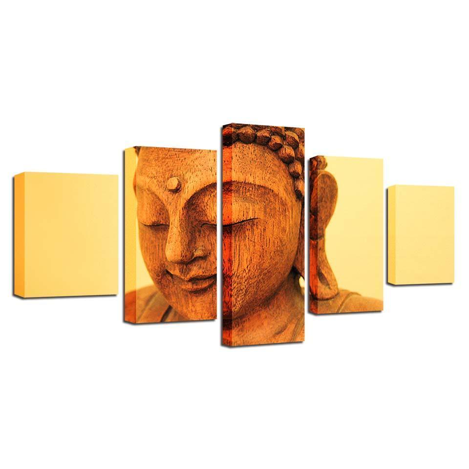 Wooden Buddha Statue 5 Piece HD Multi Panel Canvas Wall Art Frame-Original Frame