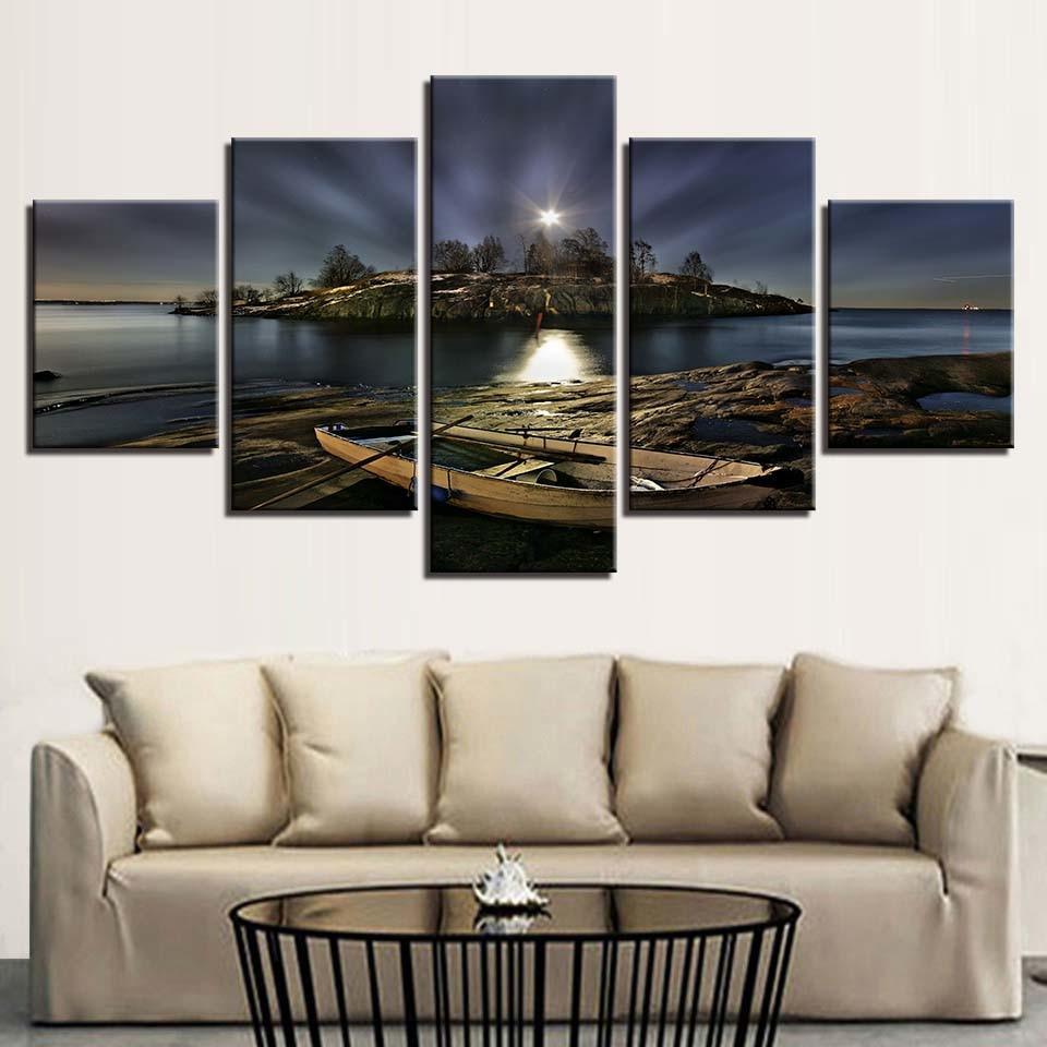Boat Ashore at Night 5 Piece HD Multi Panel Canvas Wall Art Frame-Original Frame