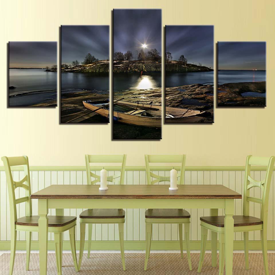 Boat Ashore at Night 5 Piece HD Multi Panel Canvas Wall Art Frame-Original Frame