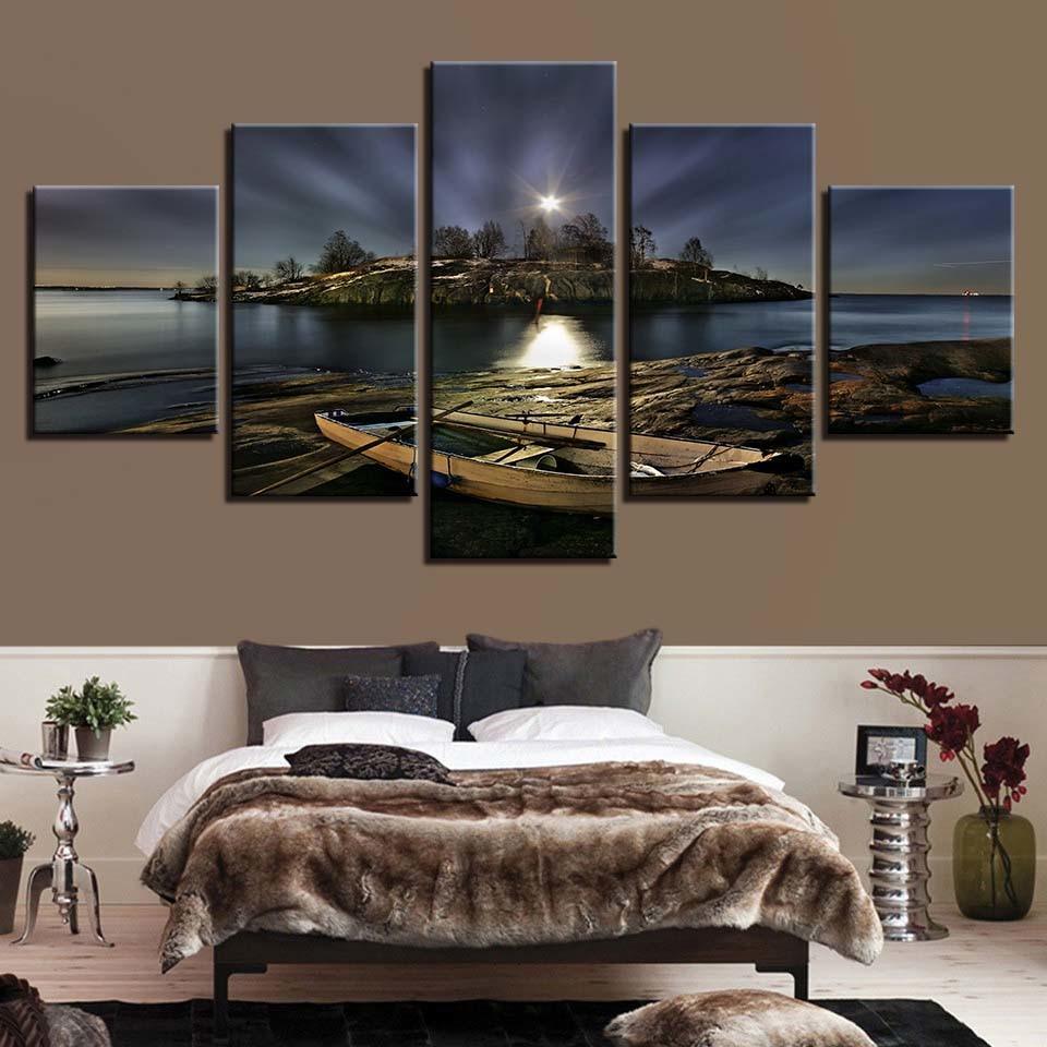 Boat Ashore at Night 5 Piece HD Multi Panel Canvas Wall Art Frame-Original Frame
