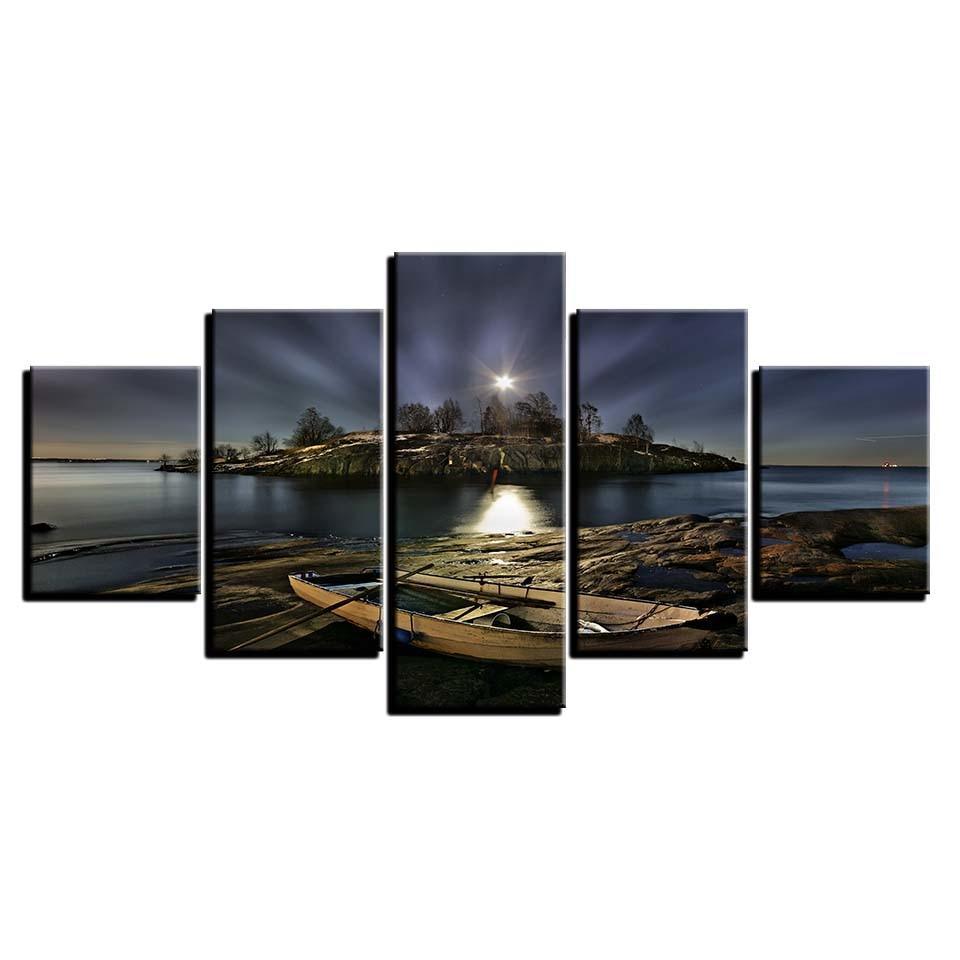 Boat Ashore at Night 5 Piece HD Multi Panel Canvas Wall Art Frame-Original Frame