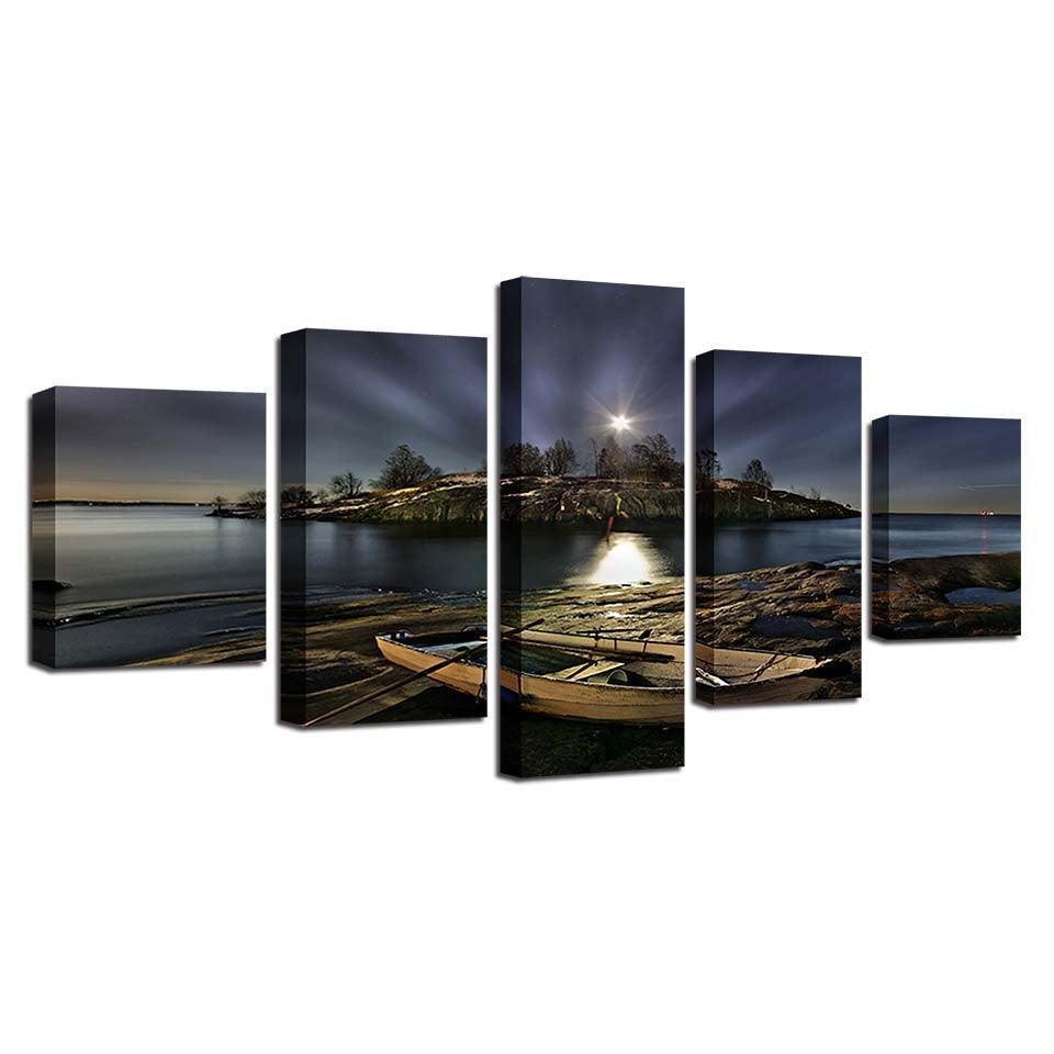 Boat Ashore at Night 5 Piece HD Multi Panel Canvas Wall Art Frame-Original Frame