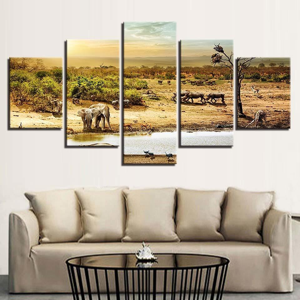 African Forest Elephants 5 Piece HD Multi Panel Canvas Wall Art Frame-Original Frame