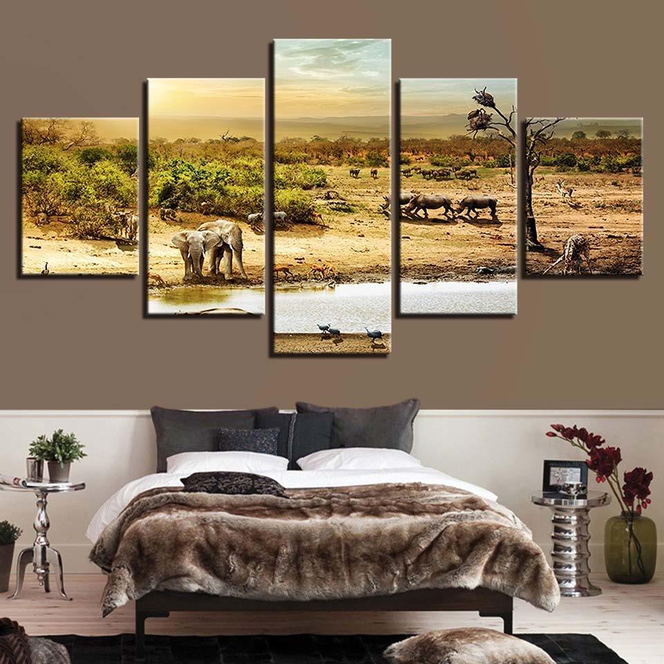 African Forest Elephants 5 Piece HD Multi Panel Canvas Wall Art Frame-Original Frame