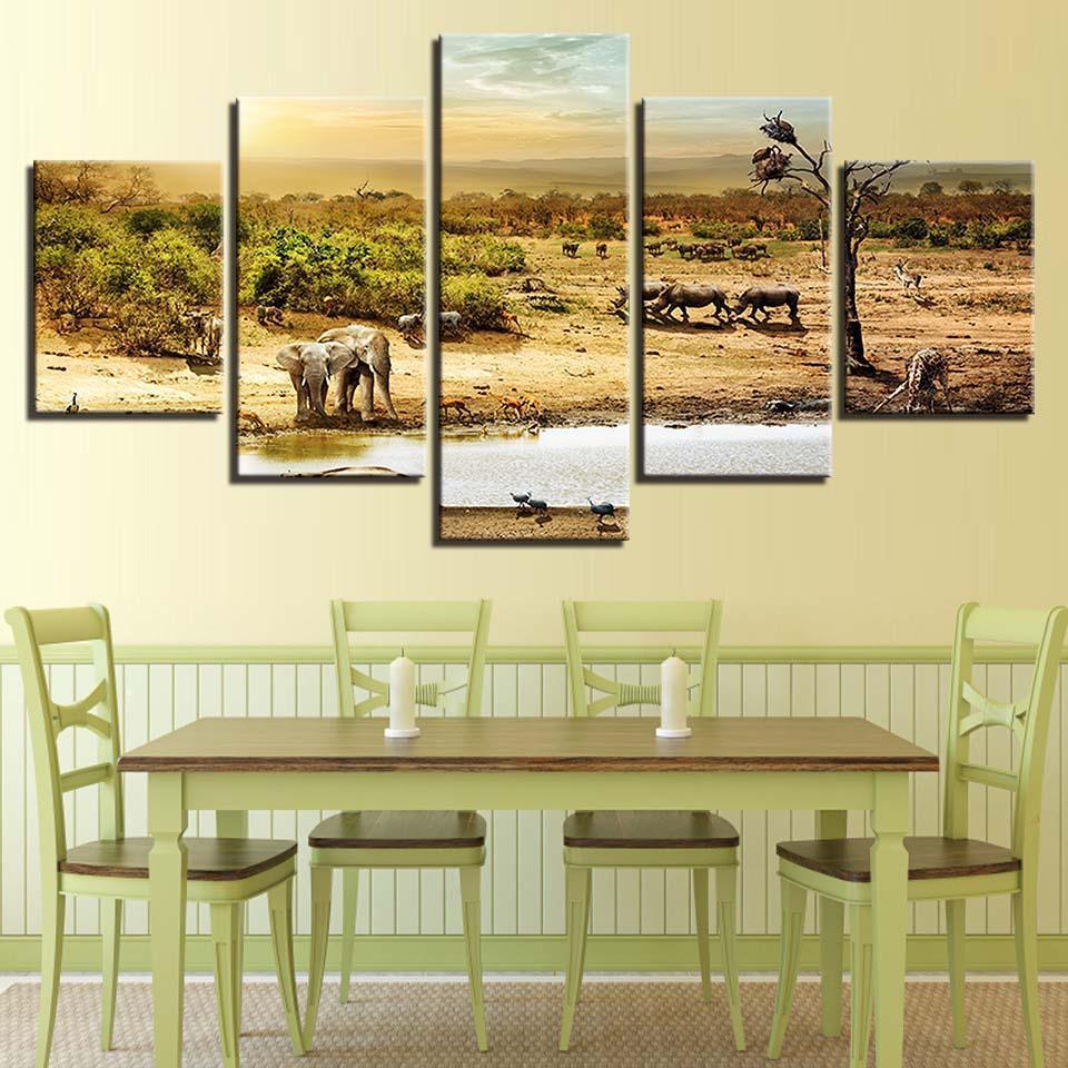 African Forest Elephants 5 Piece HD Multi Panel Canvas Wall Art Frame-Original Frame