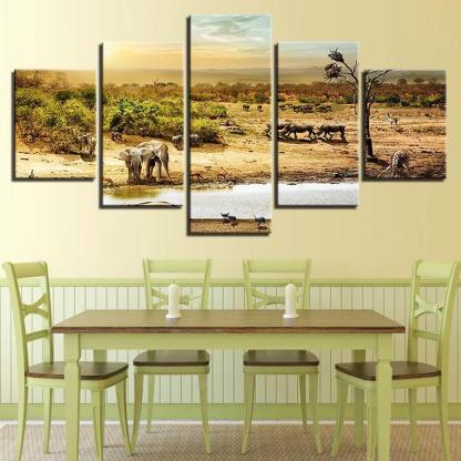 African Forest Elephants 5 Piece HD Multi Panel Canvas Wall Art Frame-Original Frame