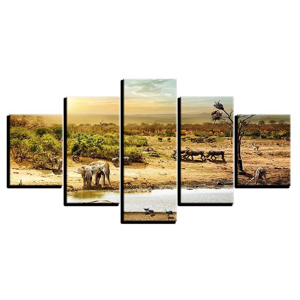 African Forest Elephants 5 Piece HD Multi Panel Canvas Wall Art Frame-Original Frame