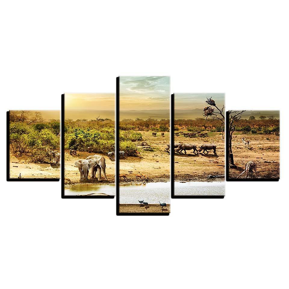 African Forest Elephants 5 Piece HD Multi Panel Canvas Wall Art Frame-Original Frame