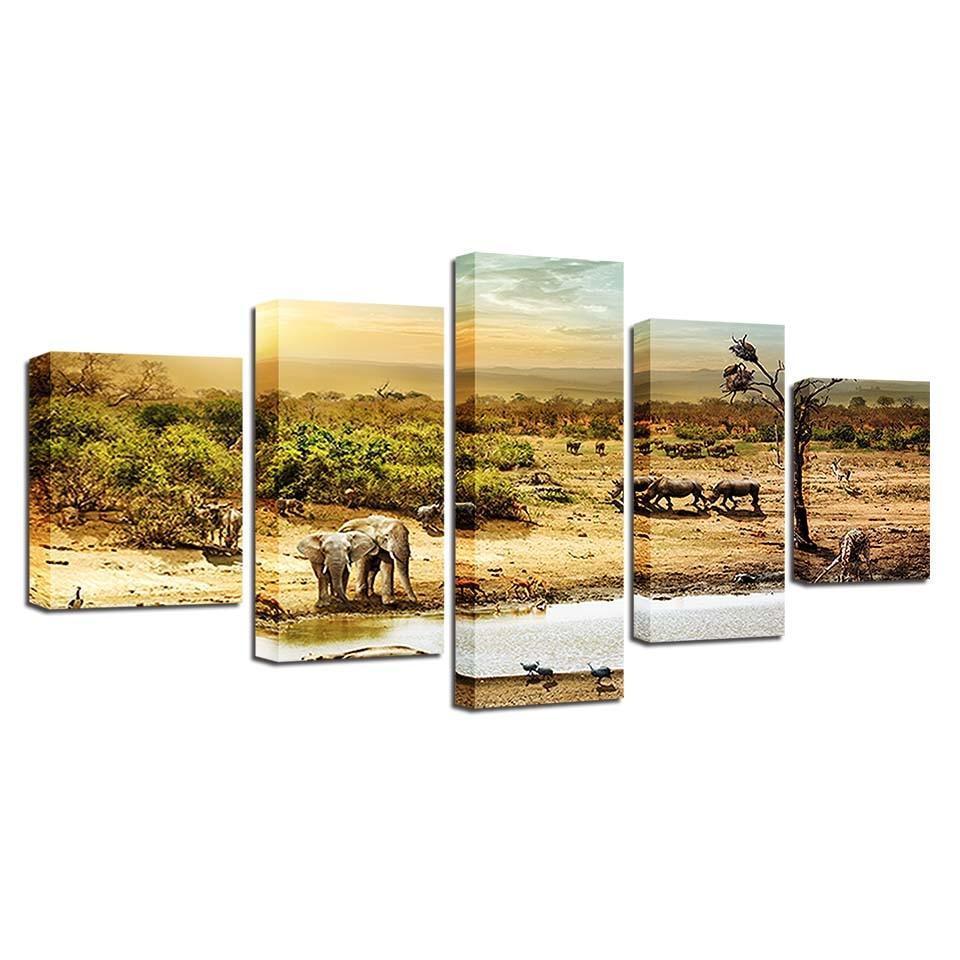 African Forest Elephants 5 Piece HD Multi Panel Canvas Wall Art Frame-Original Frame