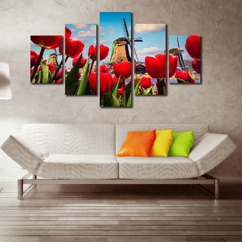 Windmill Red Roses 5 Piece HD Multi Panel Canvas Wall Art Frame-Original Frame