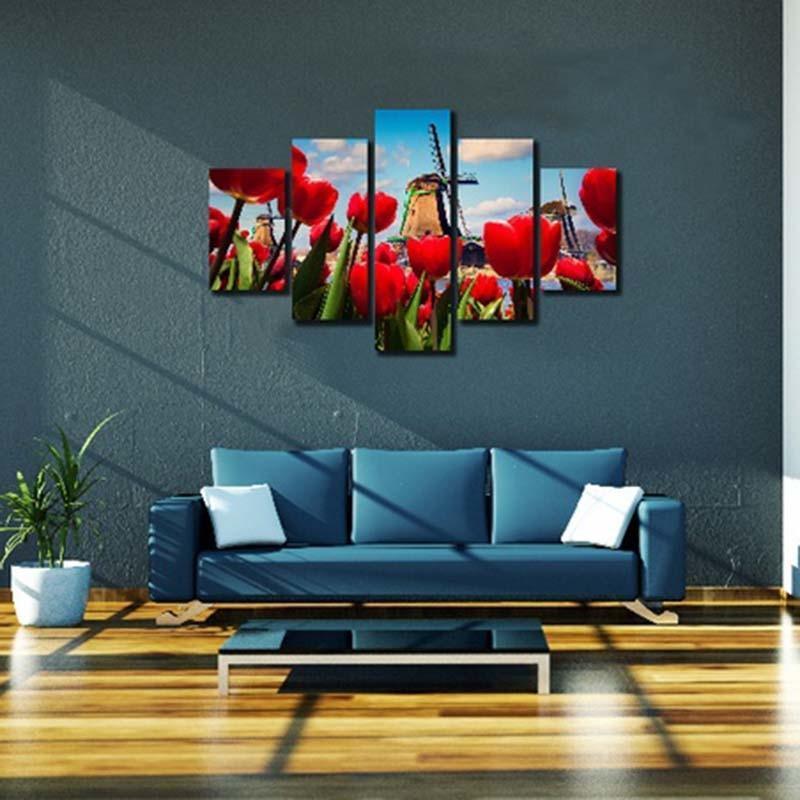 Windmill Red Roses 5 Piece HD Multi Panel Canvas Wall Art Frame-Original Frame