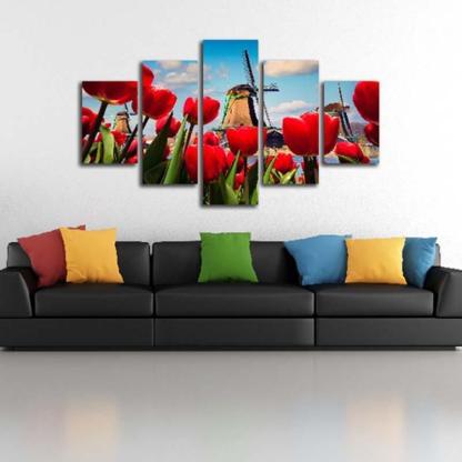 Windmill Red Roses 5 Piece HD Multi Panel Canvas Wall Art Frame-Original Frame
