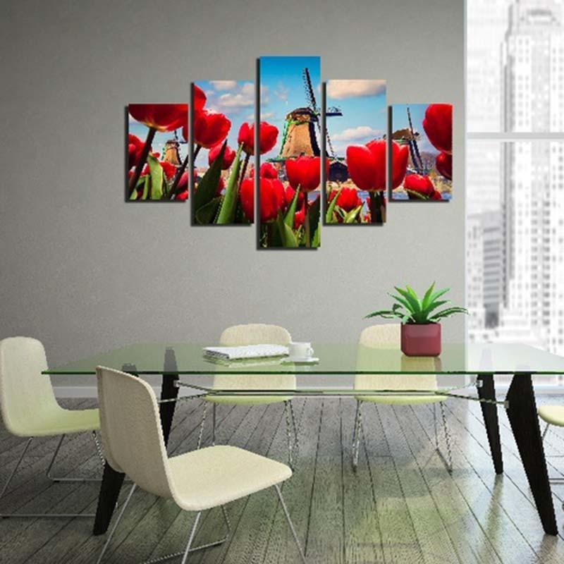 Windmill Red Roses 5 Piece HD Multi Panel Canvas Wall Art Frame-Original Frame