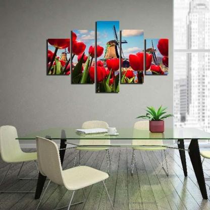 Windmill Red Roses 5 Piece HD Multi Panel Canvas Wall Art Frame-Original Frame