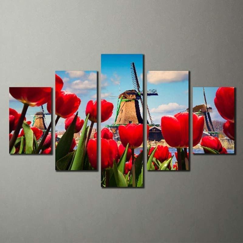 Windmill Red Roses 5 Piece HD Multi Panel Canvas Wall Art Frame-Original Frame
