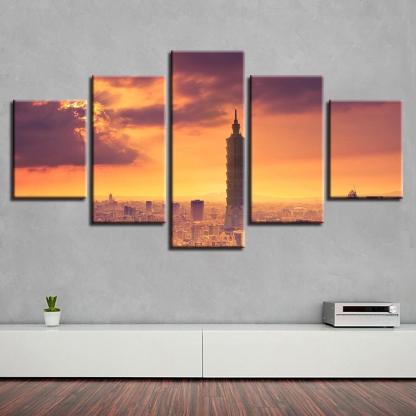 Taipei City Building 5 Piece HD Multi Panel Canvas Wall Art Frame-Original Frame