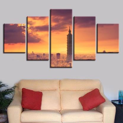 Taipei City Building 5 Piece HD Multi Panel Canvas Wall Art Frame-Original Frame