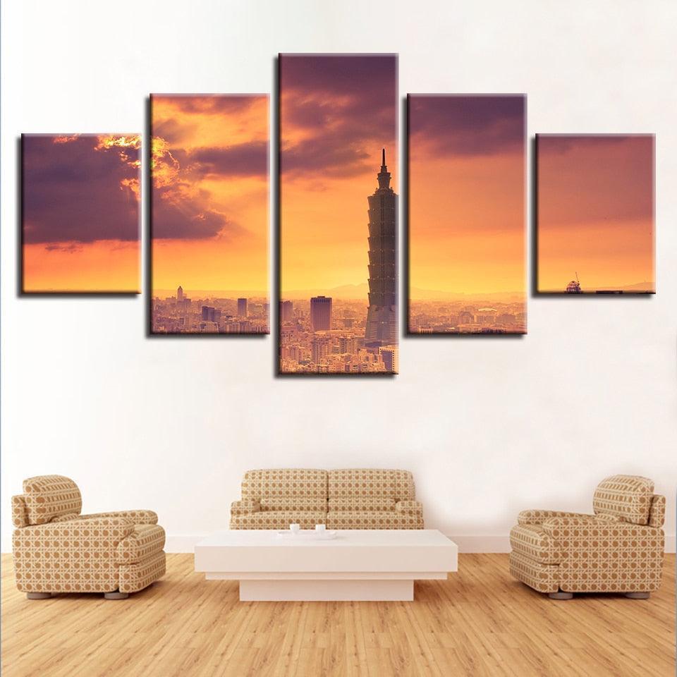 Taipei City Building 5 Piece HD Multi Panel Canvas Wall Art Frame-Original Frame