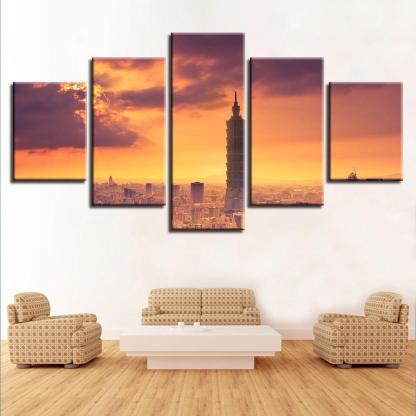 Taipei City Building 5 Piece HD Multi Panel Canvas Wall Art Frame-Original Frame