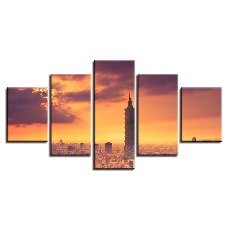 Taipei City Building 5 Piece HD Multi Panel Canvas Wall Art Frame-Original Frame