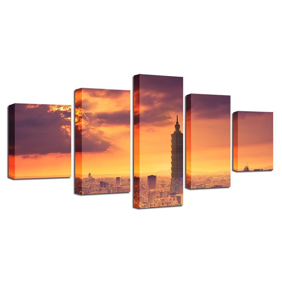 Taipei City Building 5 Piece HD Multi Panel Canvas Wall Art Frame-Original Frame
