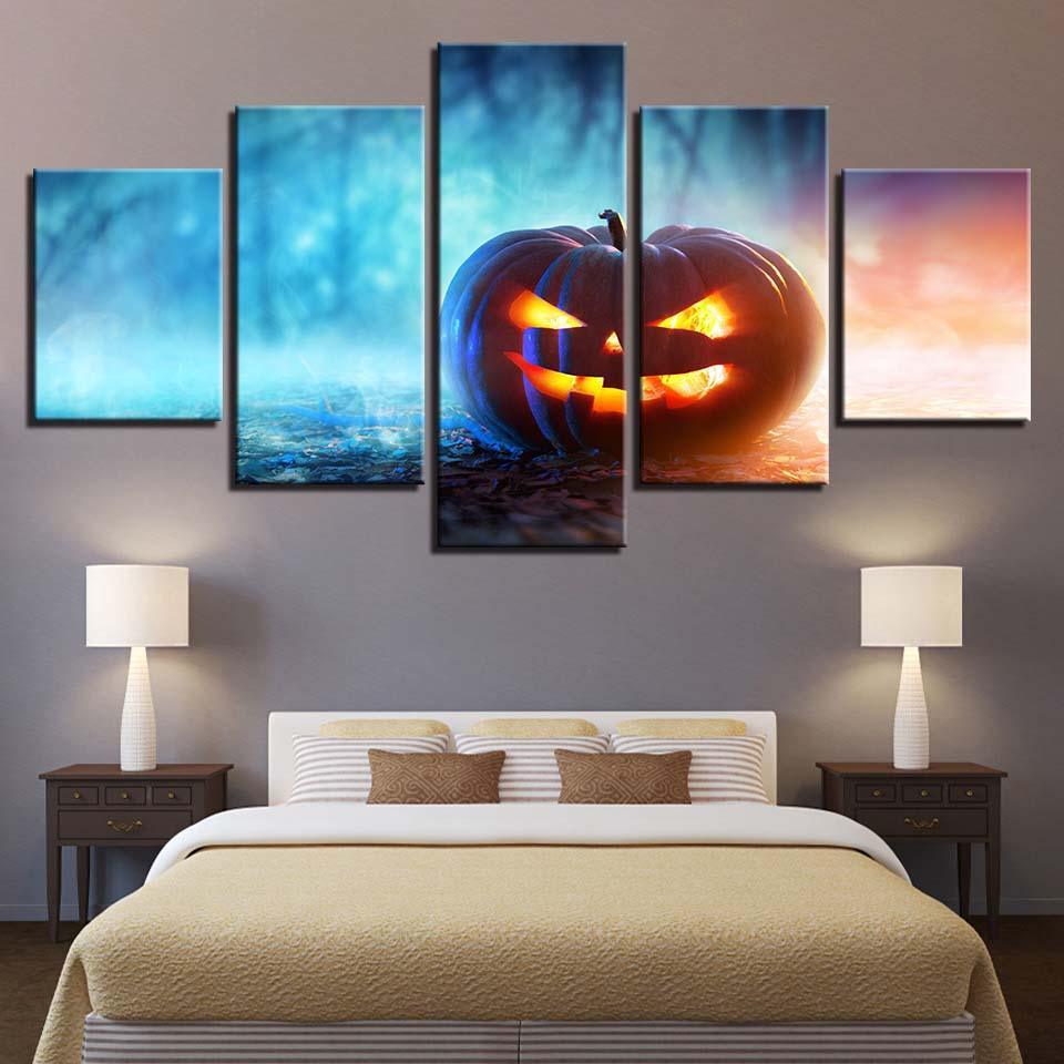 Carved Pumpkin 5 Piece HD Multi Panel Canvas Wall Art Frame-Original Frame