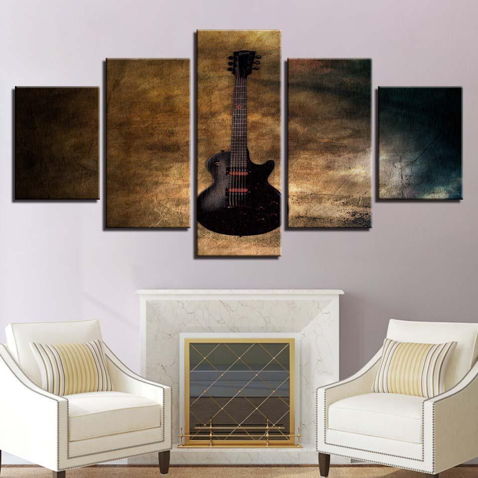 The Rustic Guitar 5 Piece HD Multi Panel Canvas Wall Art Frame-Original Frame
