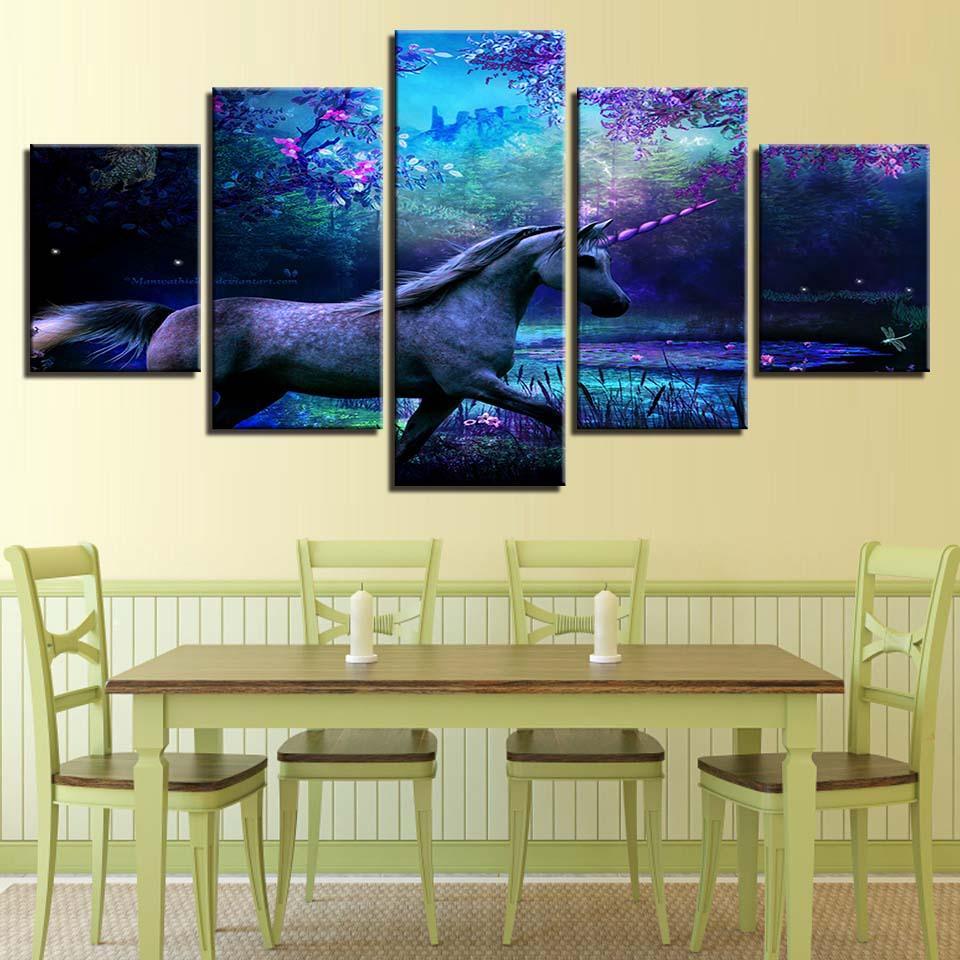 Unicorn Scenery 5 Piece HD Multi Panel Canvas Wall Art Frame-Original Frame