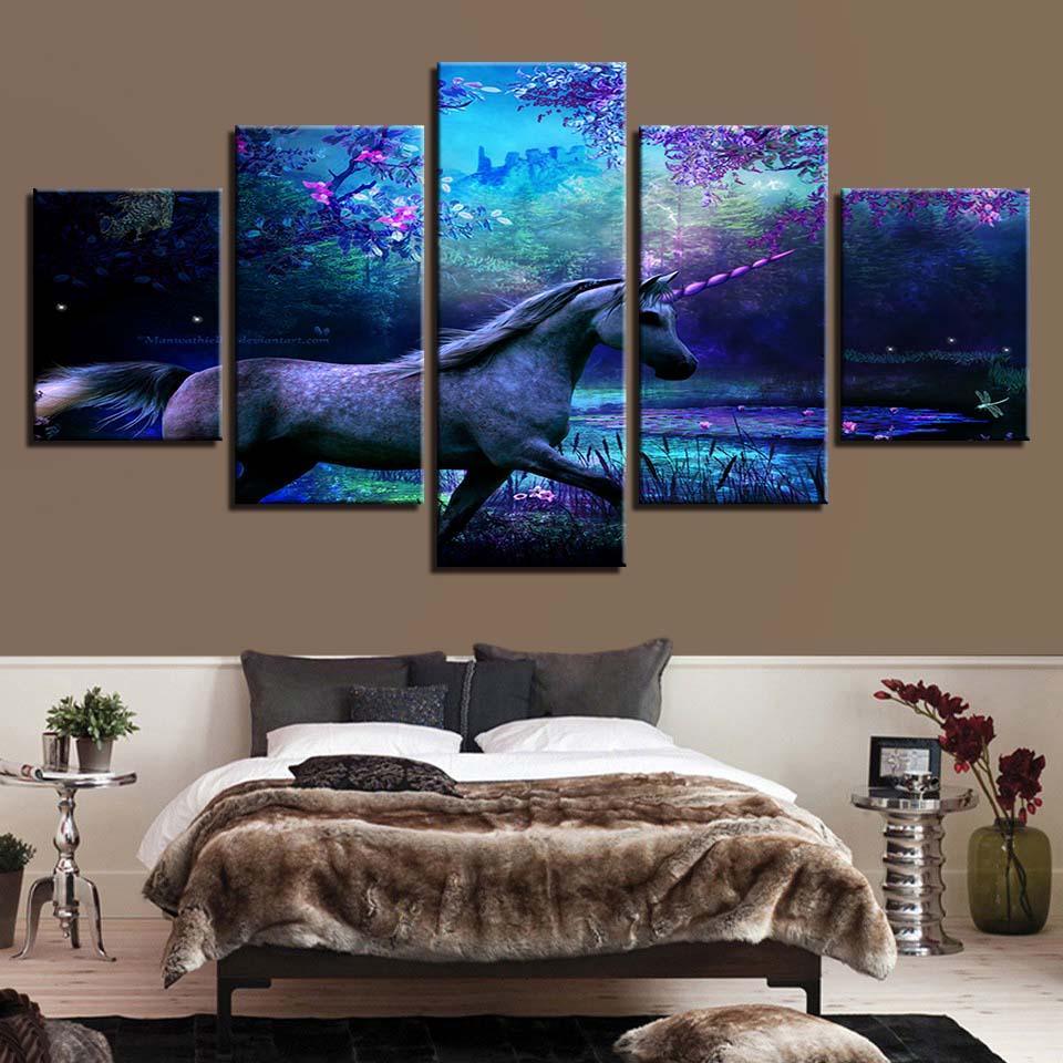 Unicorn Scenery 5 Piece HD Multi Panel Canvas Wall Art Frame-Original Frame