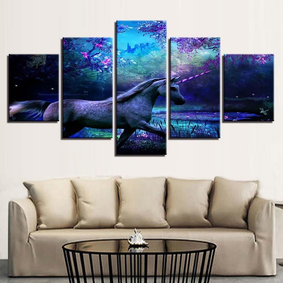 Unicorn Scenery 5 Piece HD Multi Panel Canvas Wall Art Frame-Original Frame