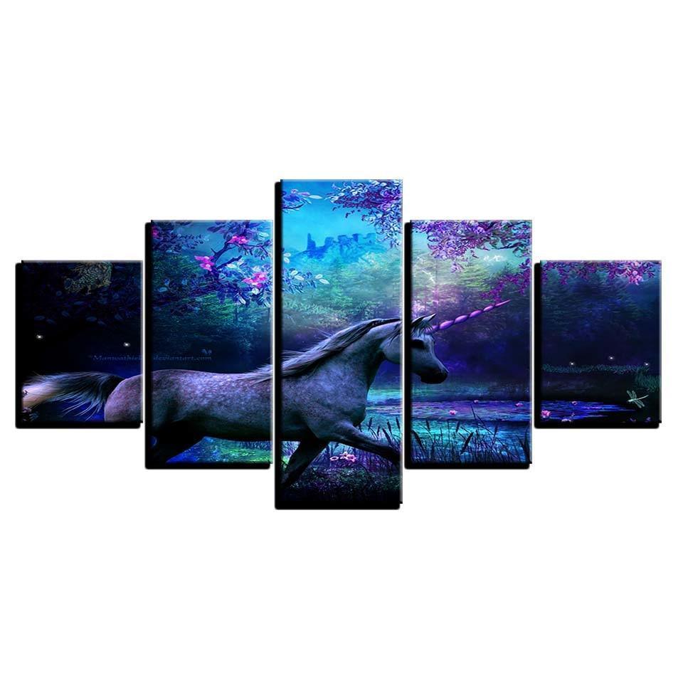 Unicorn Scenery 5 Piece HD Multi Panel Canvas Wall Art Frame-Original Frame