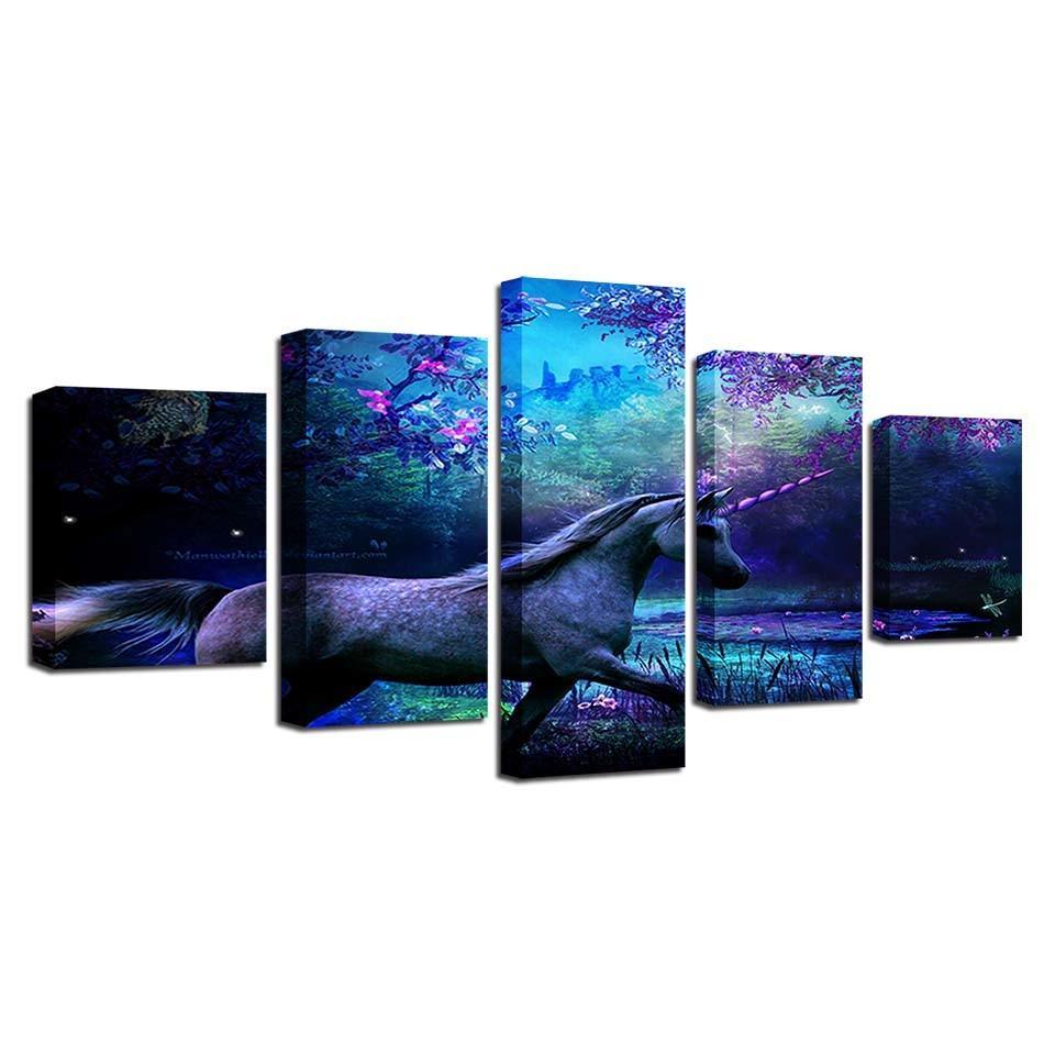 Unicorn Scenery 5 Piece HD Multi Panel Canvas Wall Art Frame-Original Frame