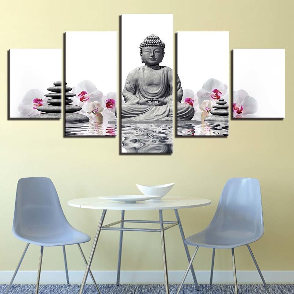 Buddha Orchid  5 Piece HD Multi Panel Canvas Wall Art Frame-Original Frame
