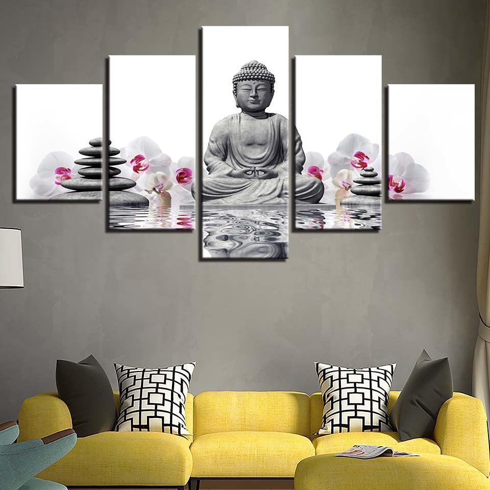 Buddha Orchid  5 Piece HD Multi Panel Canvas Wall Art Frame-Original Frame