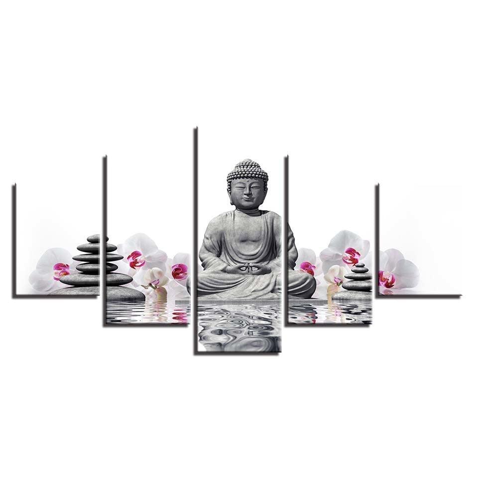 Buddha Orchid  5 Piece HD Multi Panel Canvas Wall Art Frame-Original Frame
