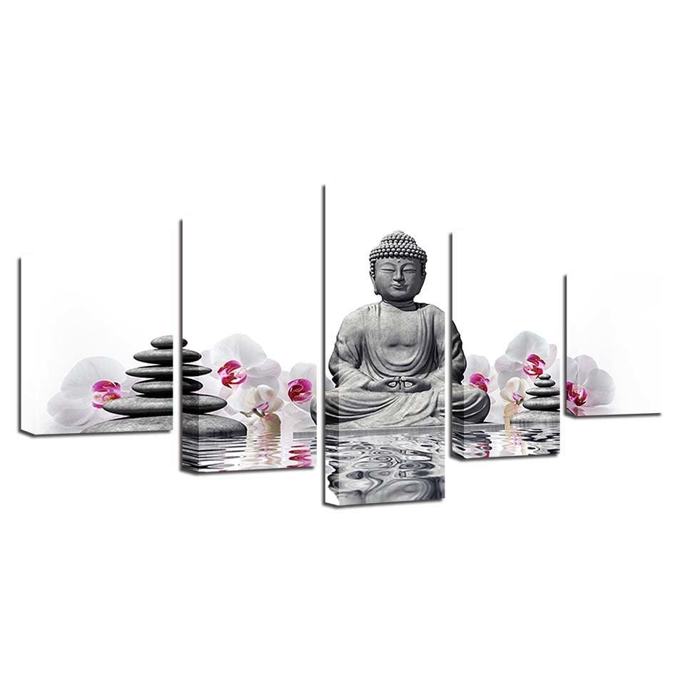 Buddha Orchid  5 Piece HD Multi Panel Canvas Wall Art Frame-Original Frame