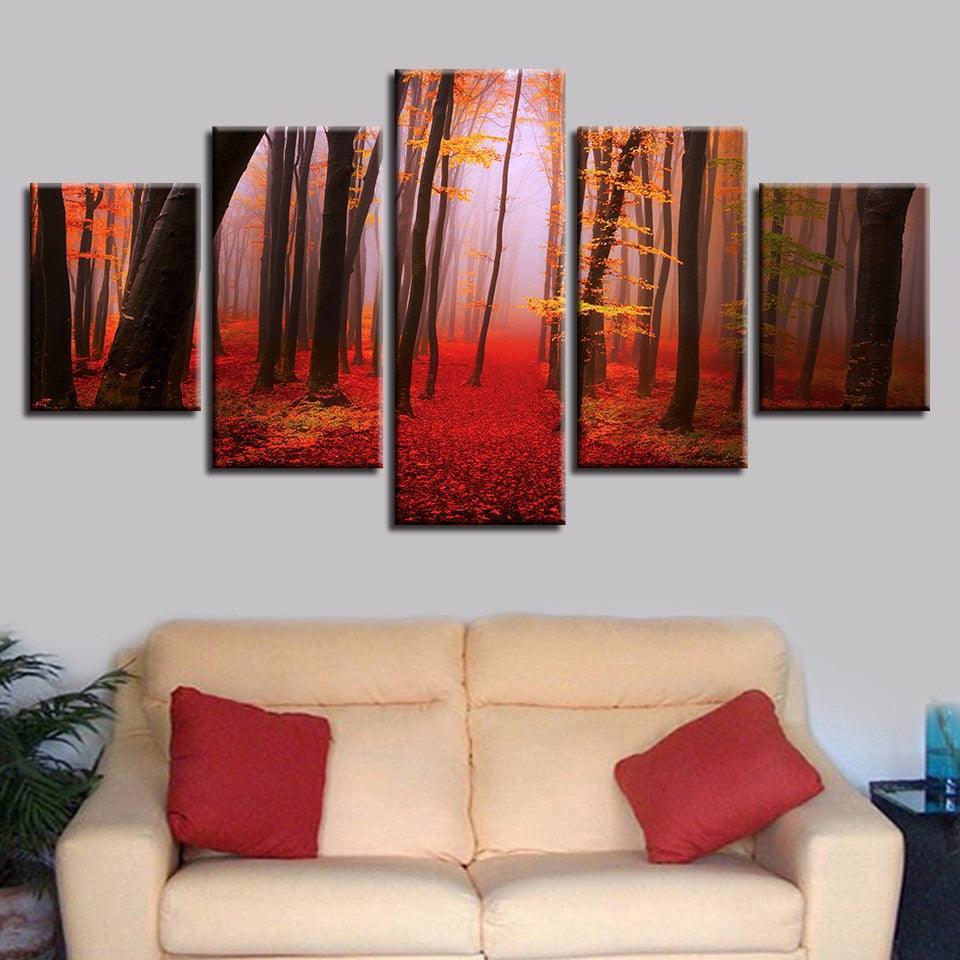 Autumn Forest 5 Piece HD Multi Panel Canvas Wall Art Frame-Original Frame