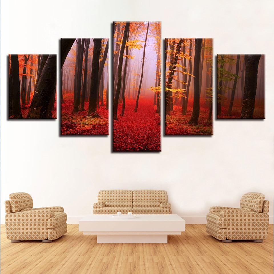 Autumn Forest 5 Piece HD Multi Panel Canvas Wall Art Frame-Original Frame
