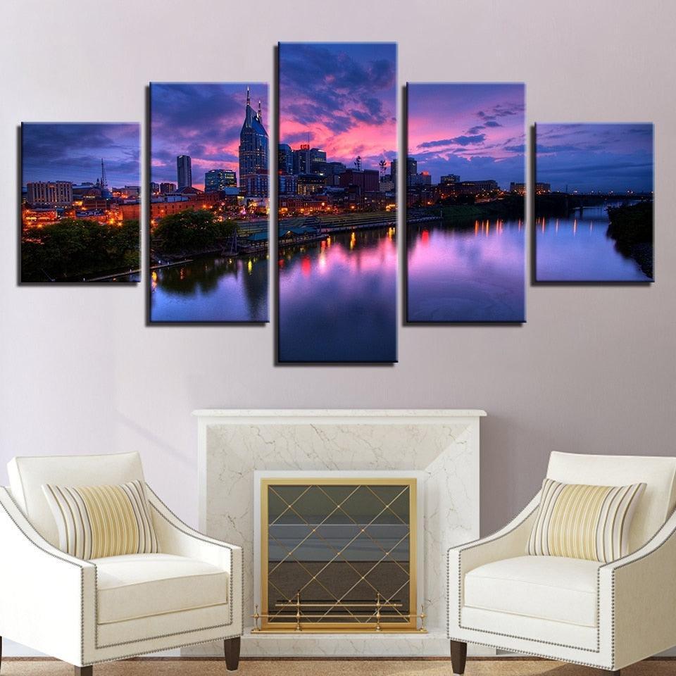 Buildings at Night 5 Piece HD Multi Panel Canvas Wall Art Frame-Original Frame