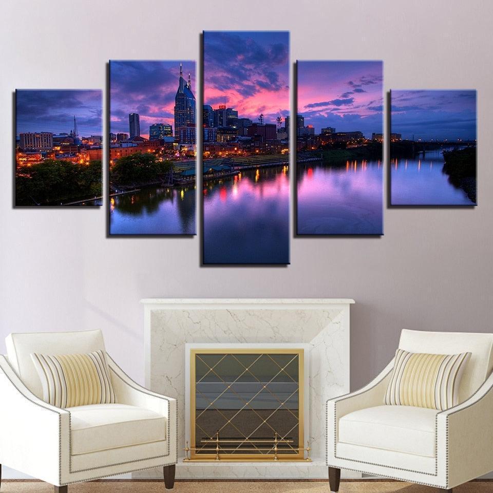 Buildings at Night 5 Piece HD Multi Panel Canvas Wall Art Frame-Original Frame