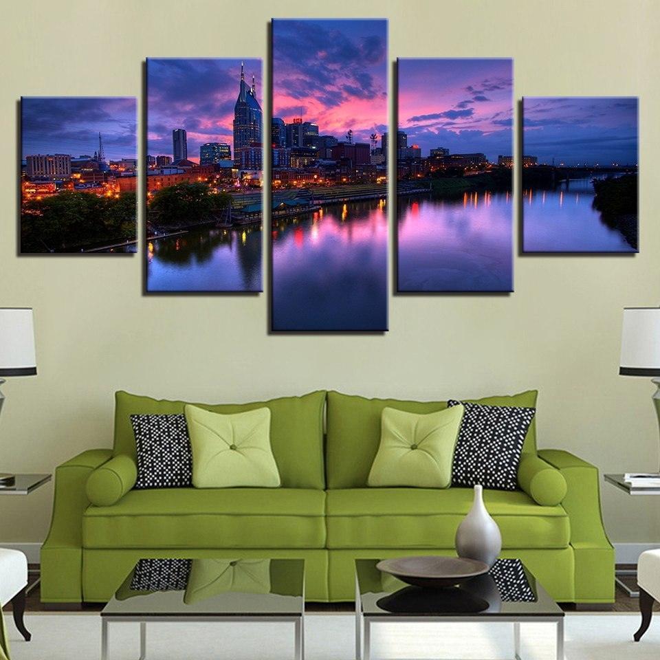 Buildings at Night 5 Piece HD Multi Panel Canvas Wall Art Frame-Original Frame