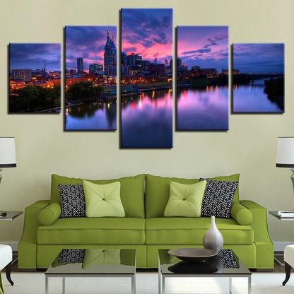 Buildings at Night 5 Piece HD Multi Panel Canvas Wall Art Frame-Original Frame
