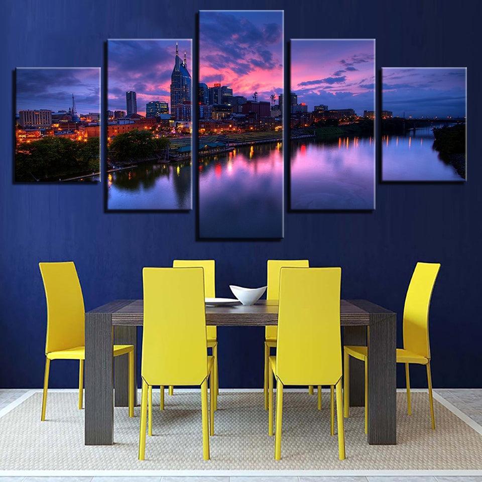 Buildings at Night 5 Piece HD Multi Panel Canvas Wall Art Frame-Original Frame