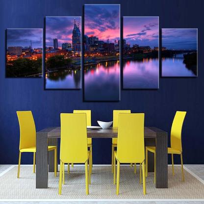 Buildings at Night 5 Piece HD Multi Panel Canvas Wall Art Frame-Original Frame