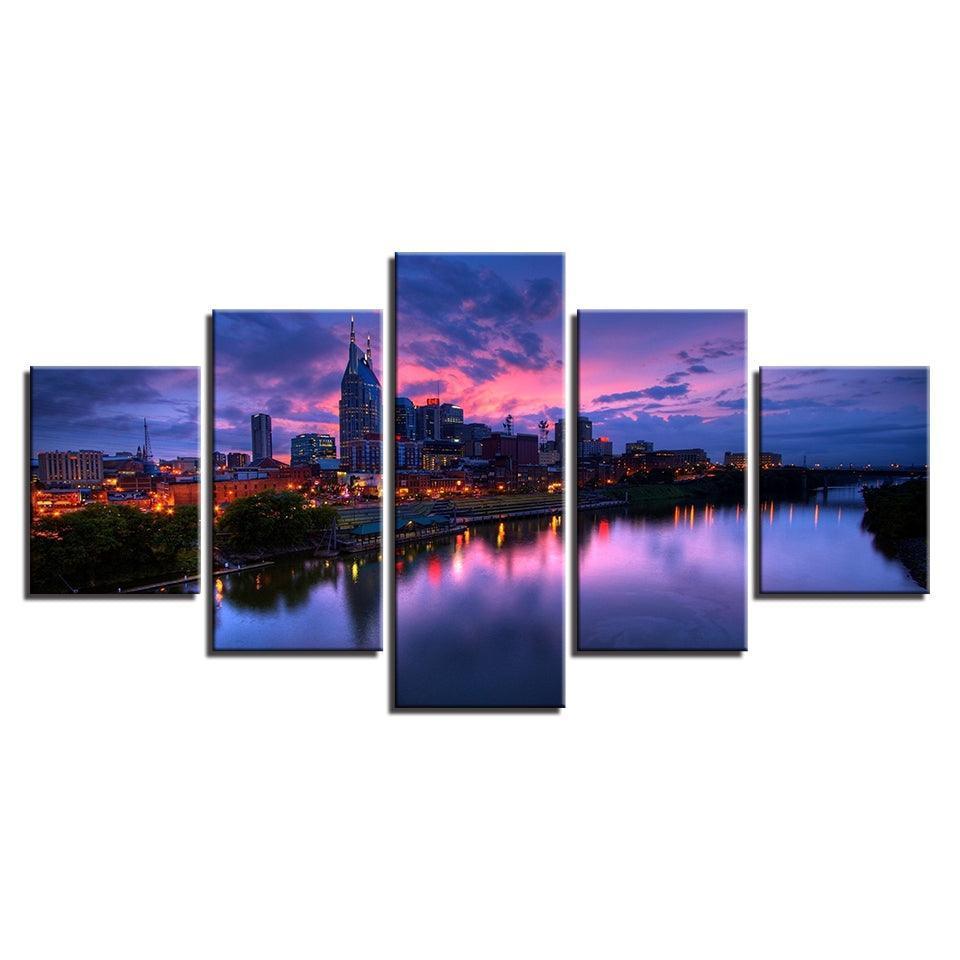 Buildings at Night 5 Piece HD Multi Panel Canvas Wall Art Frame-Original Frame