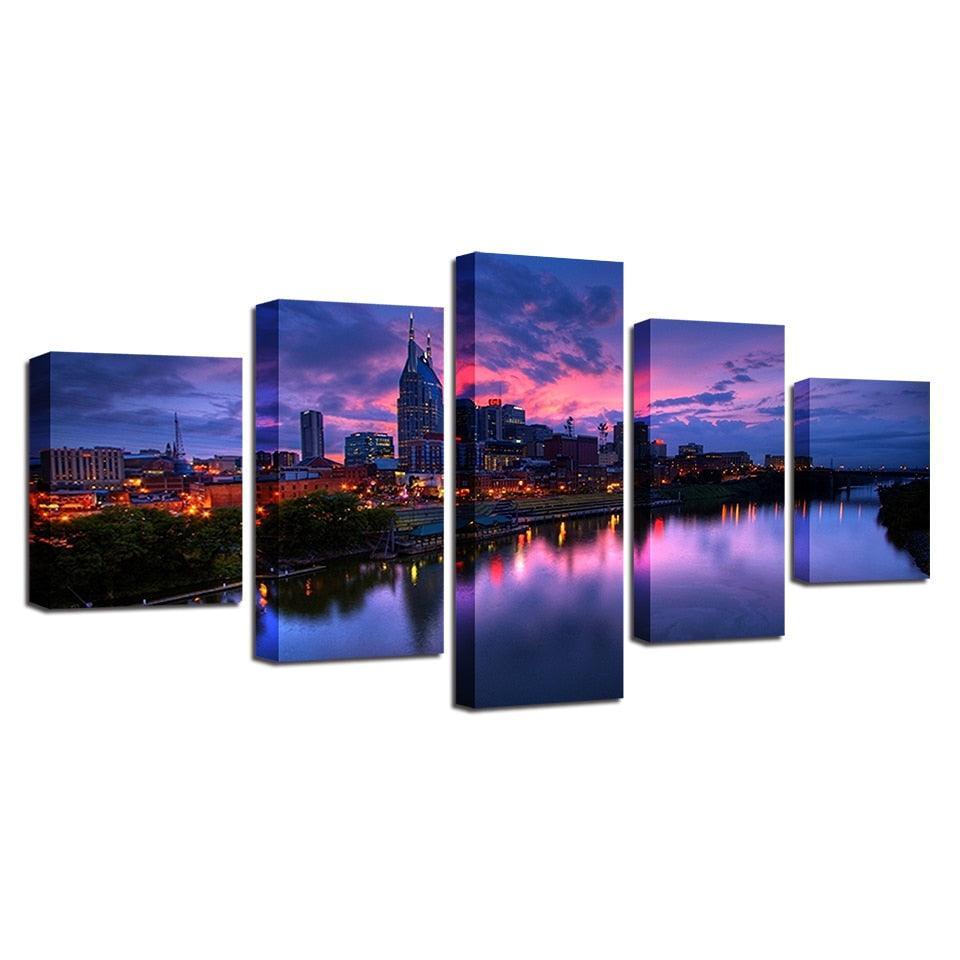 Buildings at Night 5 Piece HD Multi Panel Canvas Wall Art Frame-Original Frame