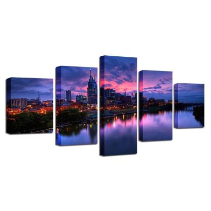 Buildings at Night 5 Piece HD Multi Panel Canvas Wall Art Frame-Original Frame