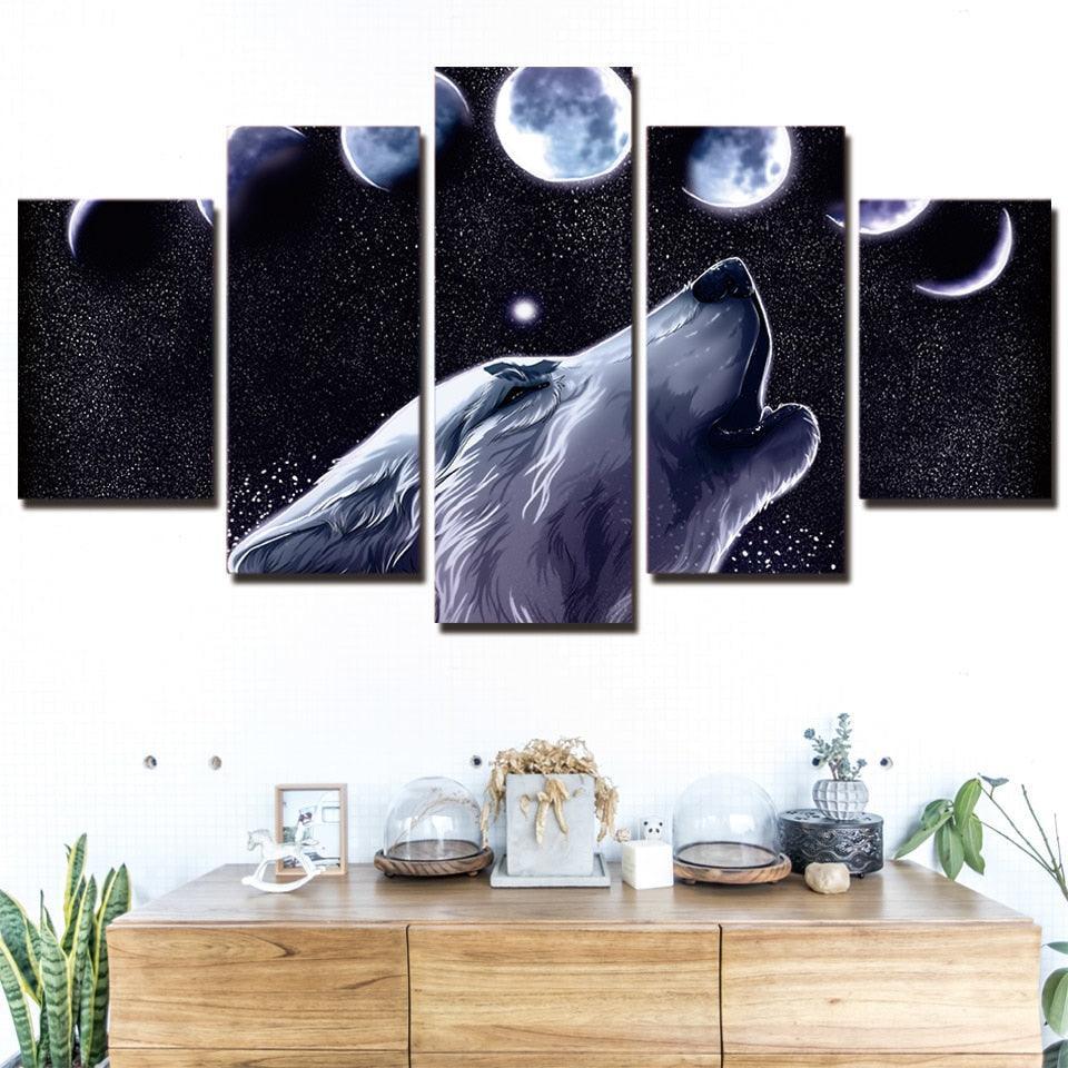 Wolf Howling 5 Piece HD Multi Panel Canvas Wall Art Frame-Original Frame